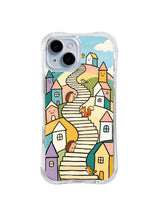 Sunrise Hope Staircase: A long pale staircase winds between warm houses and woodland animals.