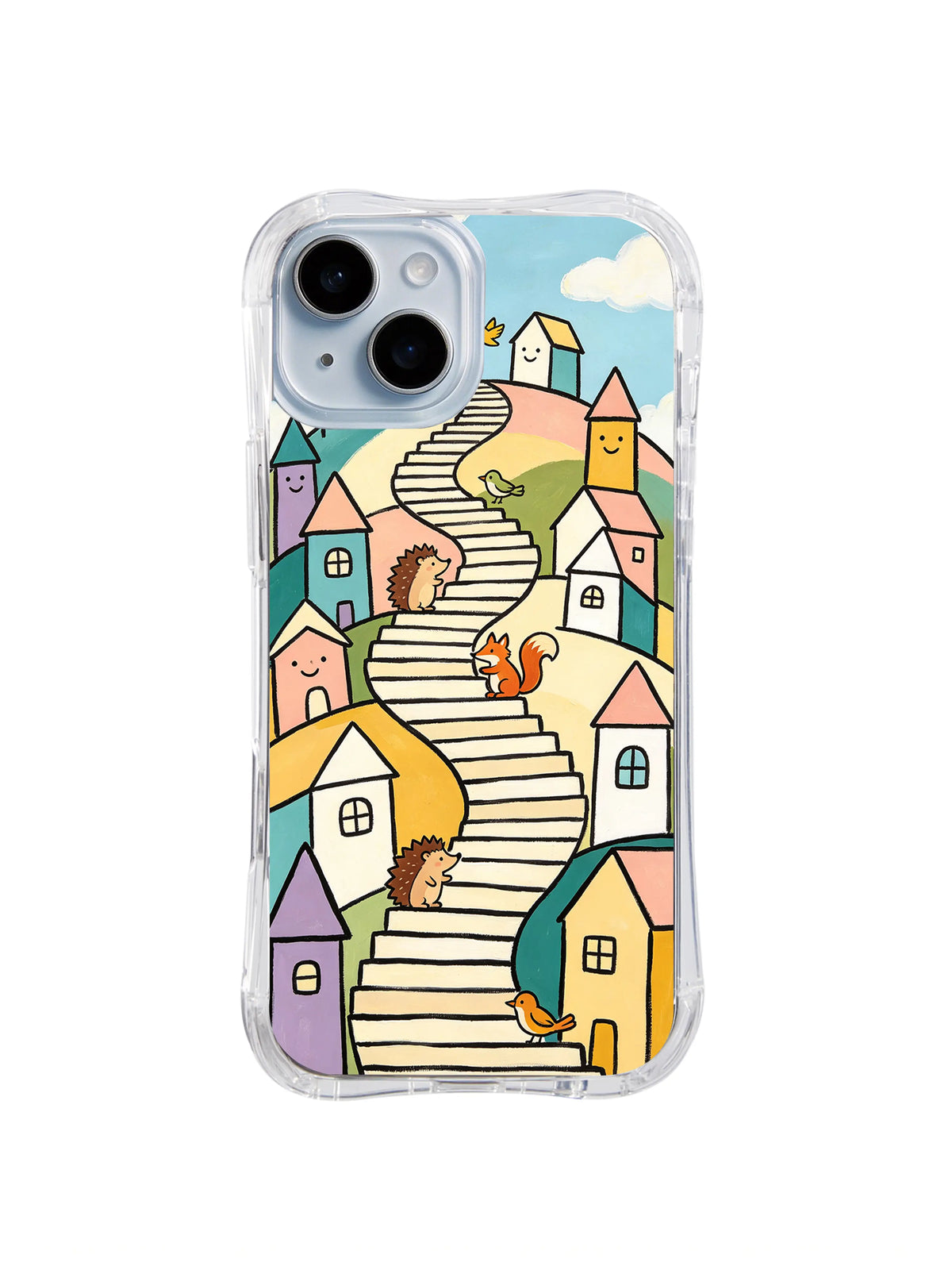 Sunrise Hope Staircase: A long pale staircase winds between warm houses and woodland animals.