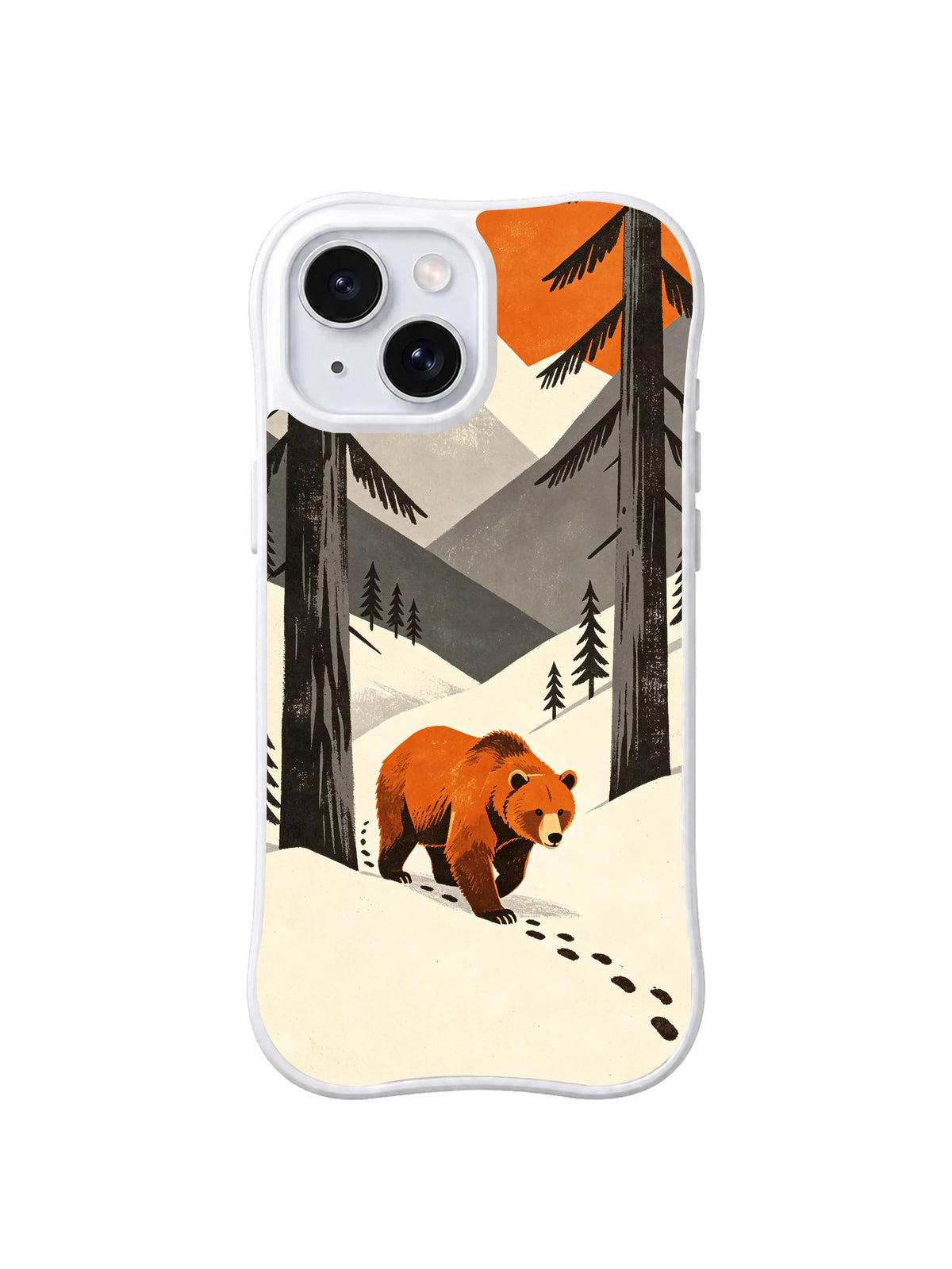 Burnt-orange bear walking from gray mountains with a curving footprint trail on an iPhone 13 case