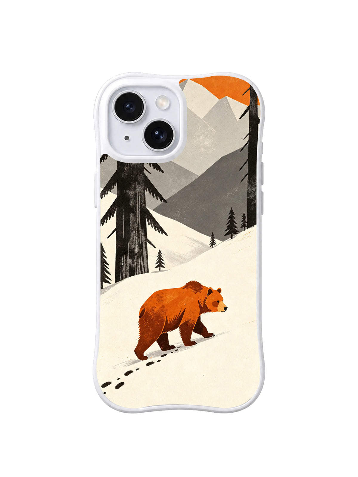 Burnt-orange bear crossing an ivory snowfield beneath charcoal pines on an iPhone 13 case