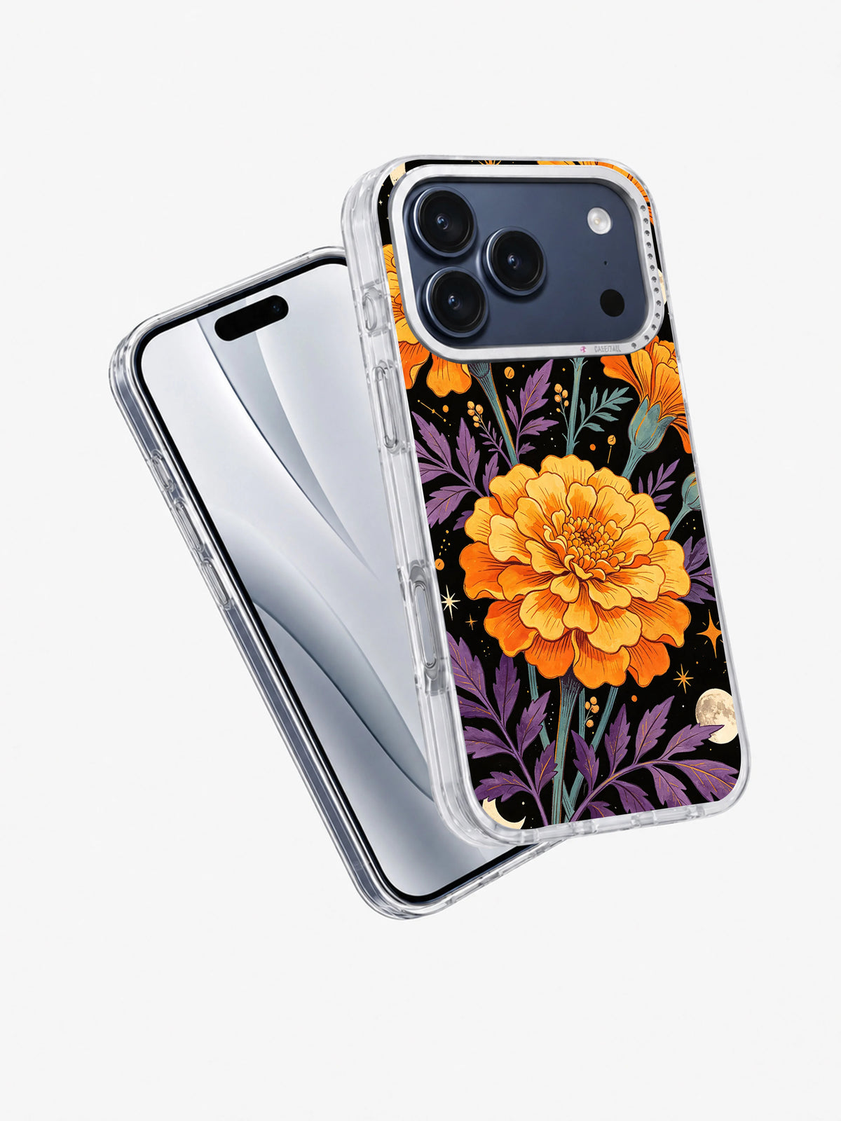 Angled phone-case view showing the Orange Marigold Zodiac artwork on a clear-edged iPhone 17 Pro Max case