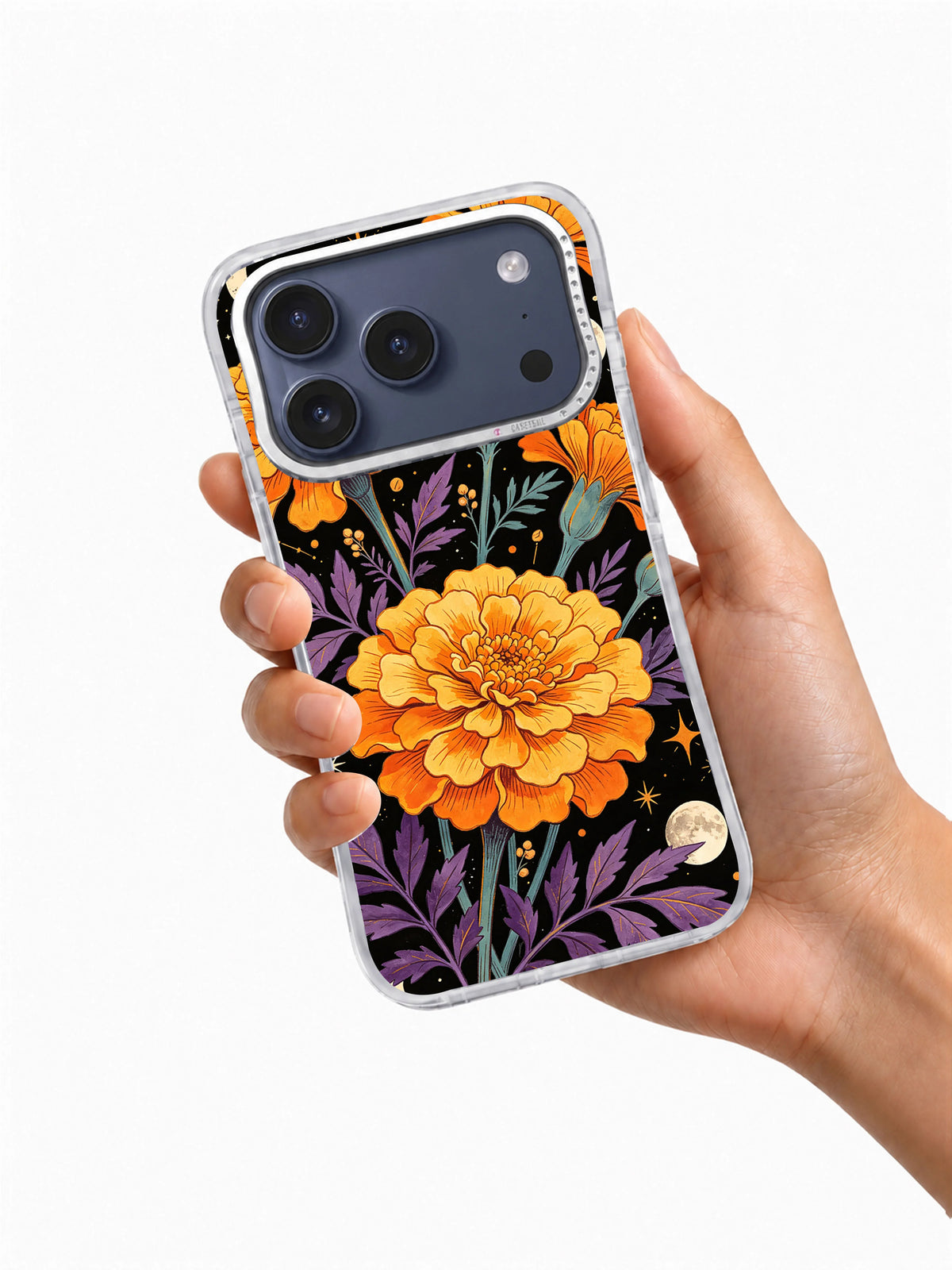Hand-held phone-case view showing the Orange Marigold Zodiac orange flower and celestial botanical artwork