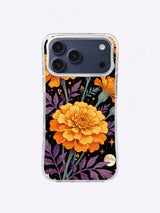 Golden Marigold Moon Bloom artwork with orange petals, violet leaves, teal stems, ivory moons, and ochre stars on black