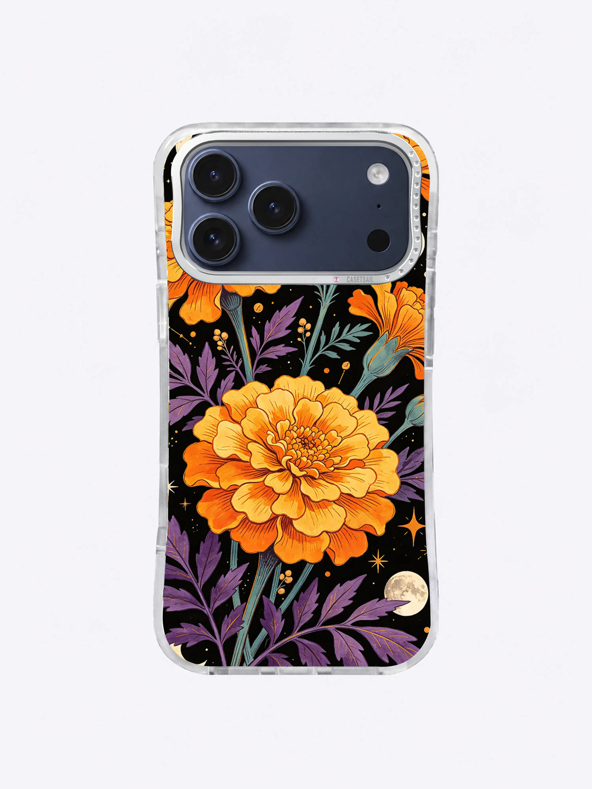 Golden Marigold Moon Bloom artwork with orange petals, violet leaves, teal stems, ivory moons, and ochre stars on black