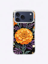 Violet Leaf Solar Garden pattern with a central orange marigold, purple foliage, teal stems, and pale lunar details