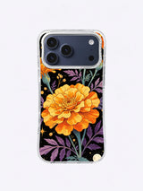 Teal Stem Lunar Petals artwork with angled orange marigold petals, violet leaves, dusty-teal branches, and moon motifs