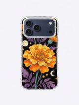 Crescent Marigold Night Map pattern with orange flower, violet foliage, ivory moon and crescent, and black ground