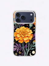 Ochre Seed Starflower artwork with upright orange marigold, teal stems, purple leaves, ivory moons, and ochre seed marks