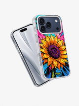 Angled view of the Orange Sunflower Punch floral pop-art iPhone case