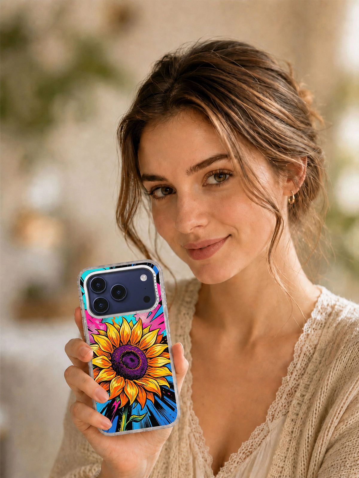 Lifestyle view of the Orange Sunflower Punch orange floral iPhone case