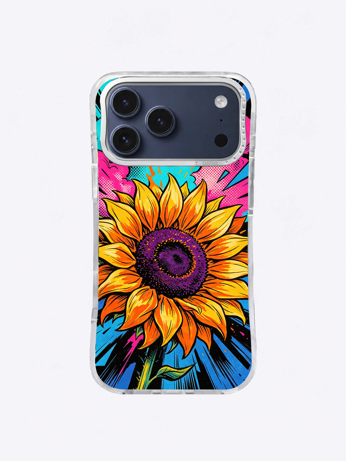 Orange Sunflower Punch iPhone case with a monumental golden flower, purple center, turquoise burst, hot-pink clouds, blue shards, and black speed lines