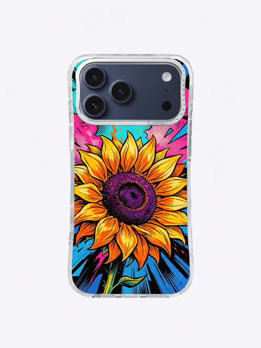 Orange Sunflower Punch iPhone case with a monumental golden flower, purple center, turquoise burst, hot-pink clouds, blue shards, and black speed lines