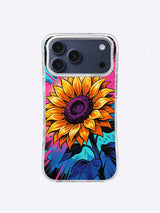 Orange sunflower pop-art iPhone case with purple disk, turquoise explosion clouds, magenta halftone, deep-blue leaves, and rough black ink