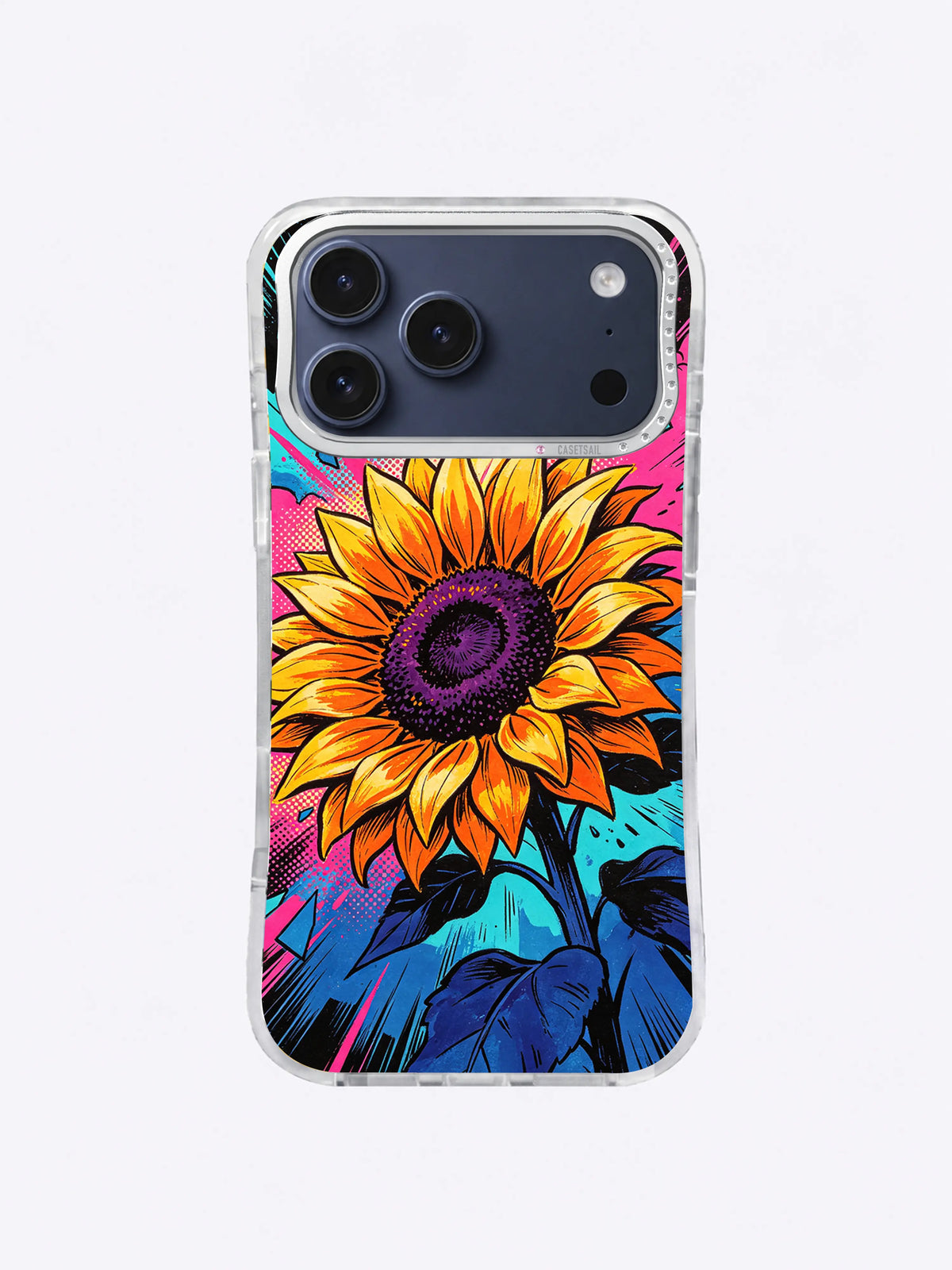Orange sunflower pop-art iPhone case with purple disk, turquoise explosion clouds, magenta halftone, deep-blue leaves, and rough black ink
