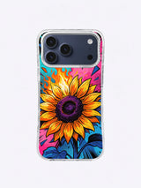 Golden sunflower iPhone case with blazing orange petals, dark-purple center, turquoise sky burst, hot-pink puffs, and navy leaves