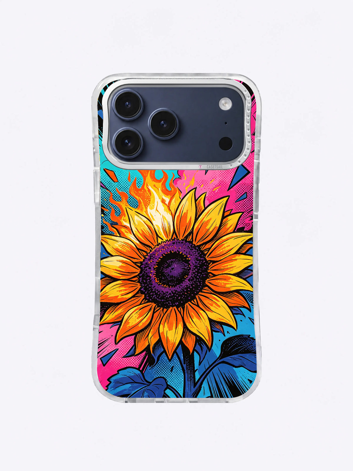 Golden sunflower iPhone case with blazing orange petals, dark-purple center, turquoise sky burst, hot-pink puffs, and navy leaves