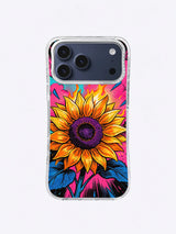 Orange sunflower floral iPhone case with purple center, pink comic field, turquoise and navy leaves, flame-like rays, and black outlines