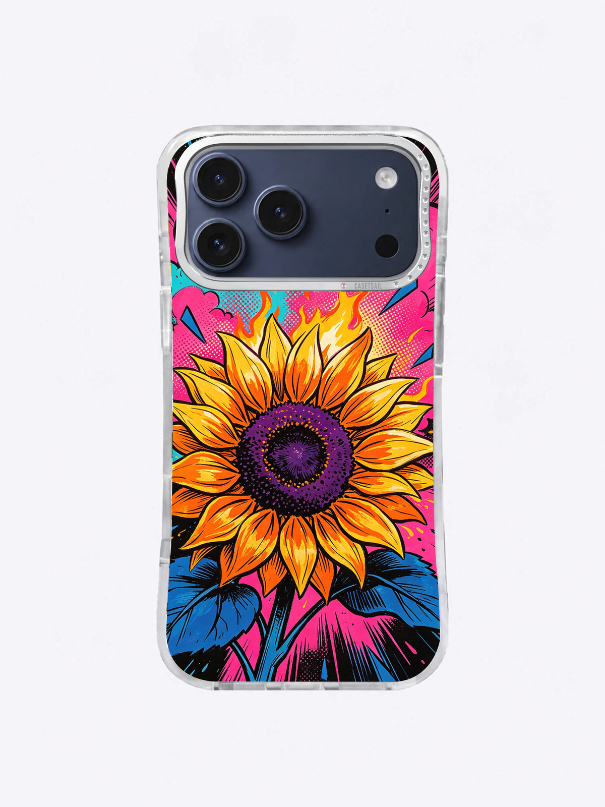 Orange sunflower floral iPhone case with purple center, pink comic field, turquoise and navy leaves, flame-like rays, and black outlines
