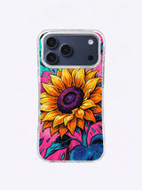 Bold sunflower iPhone case artwork with orange-gold petals, purple disk, turquoise clouds, hot-pink background, and deep-blue foliage