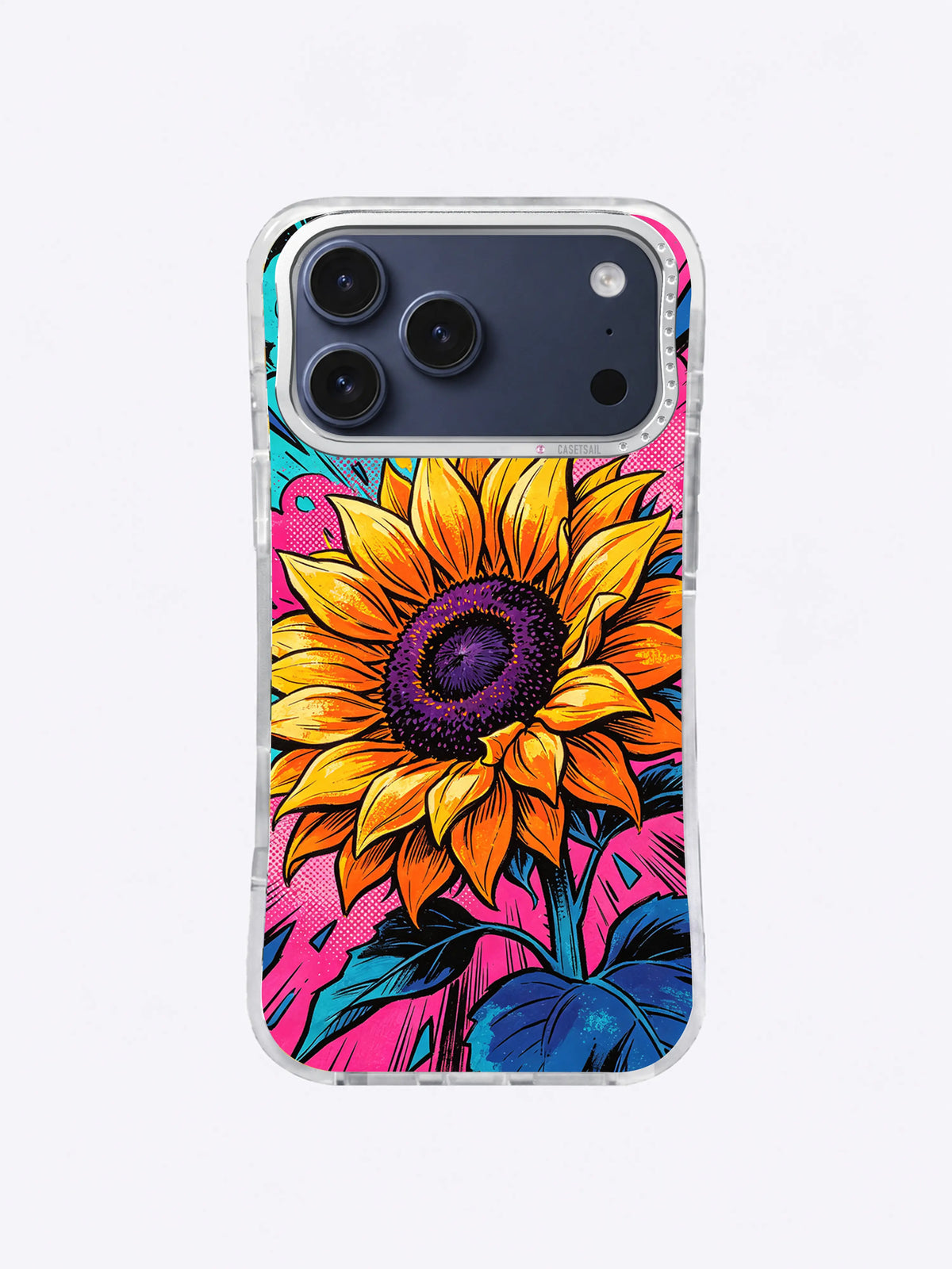 Bold sunflower iPhone case artwork with orange-gold petals, purple disk, turquoise clouds, hot-pink background, and deep-blue foliage