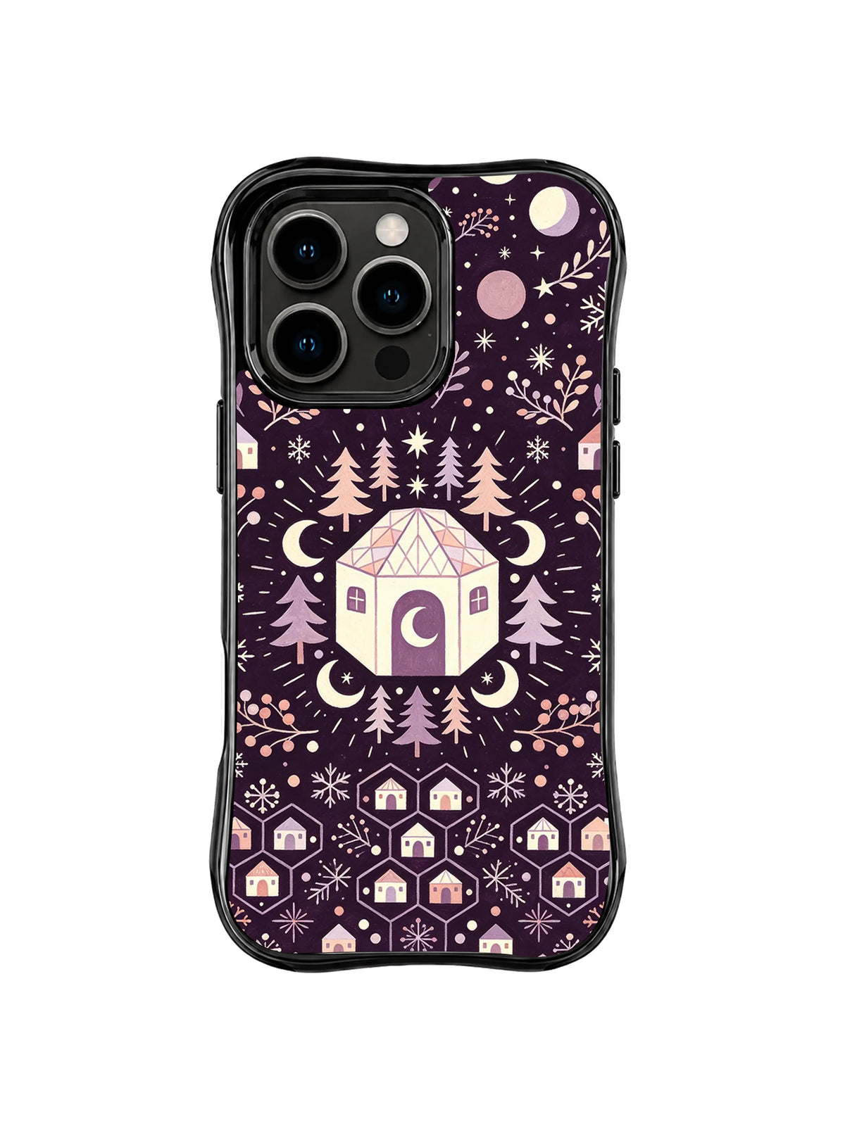Orbital Winter Village pattern on a black iPhone 13 Pro case with circular planets, a faceted cottage, pines and a row of tiny houses