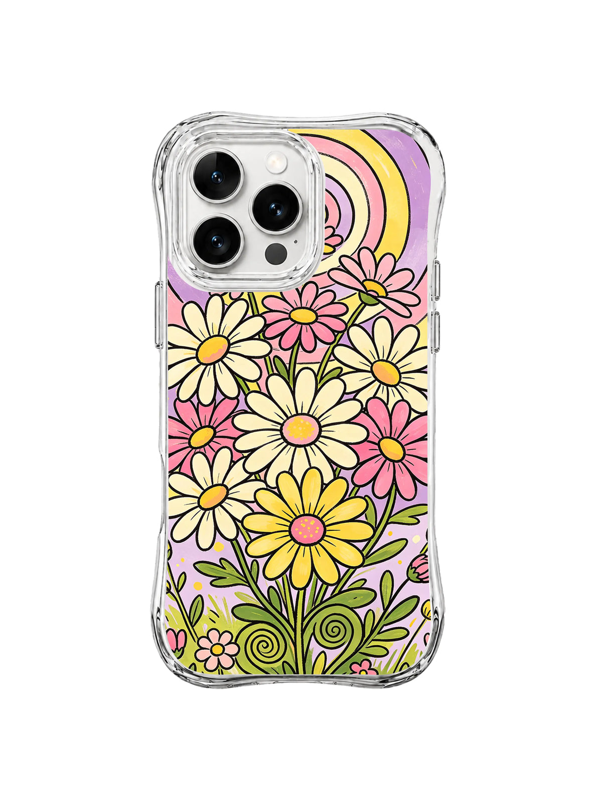 Rainbow Daisy Garden: Pink, cream and yellow daisies rise beneath pastel rainbow arcs.