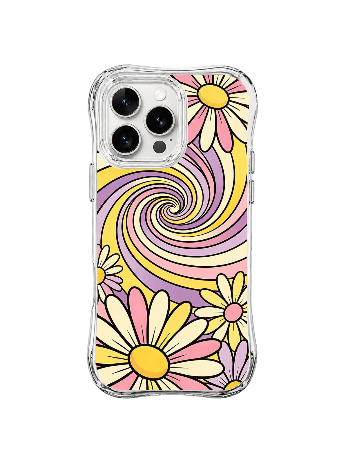 Pastel Orbit Spiral: A pink, yellow, cream and lavender spiral turns between oversized daisies.