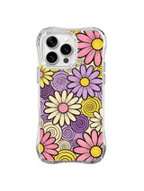 Lavender Spiral Bloom: Pink, cream and lavender daisies overlap a field of small spiral circles.
