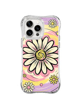 Joyful Daisy Center: One large cream daisy with a spiral center stands over pink and lavender waves.