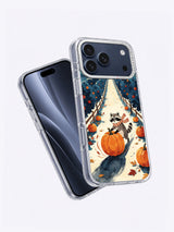 Angled view of Orchard of Midnight Pumpkins iPhone case