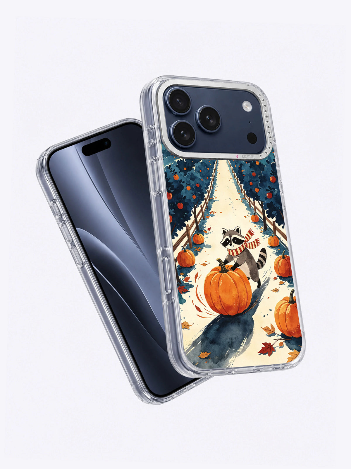 Angled view of Orchard of Midnight Pumpkins iPhone case