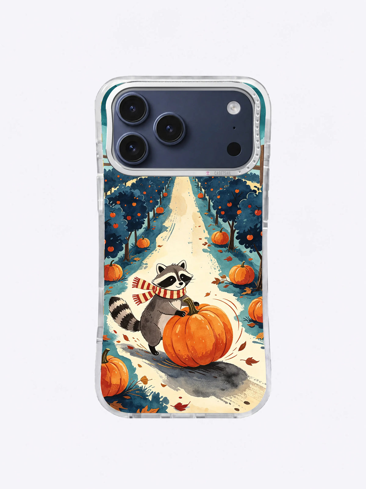 Orchard of Midnight Pumpkins iPhone case, Scarfed Raccoon Chase artwork
