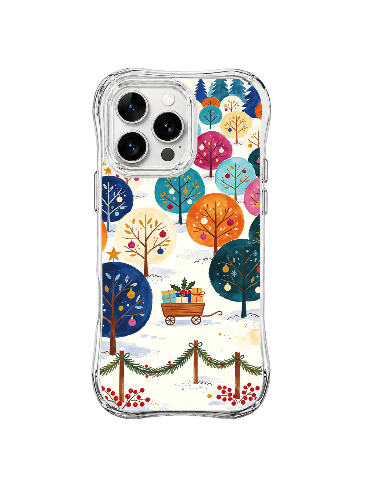 Floral holiday iPhone 16 Pro case with raspberry trees, evergreen garland and berries
