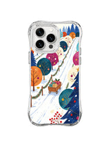 Ornament Orchard iPhone 16 Pro case with curved snow lane, colorful trees and gift cart