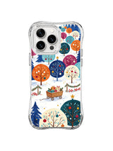 Colorful Christmas iPhone 16 Pro case with tangerine trees, ornaments and gift cart
