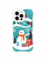 Snowman iPhone 15 Pro case with aqua ornament form, orange scarf, fir trees and gifts