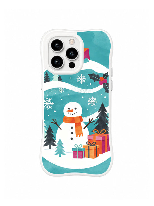 Snowman iPhone 15 Pro case with aqua ornament form, orange scarf, fir trees and gifts