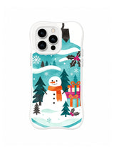 Snowman ornament iPhone 15 Pro case with charcoal cap, aqua sky and village-bound route