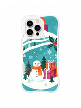 Aqua snowman iPhone 15 Pro case with orange scarf, holly, gifts and curved white snow