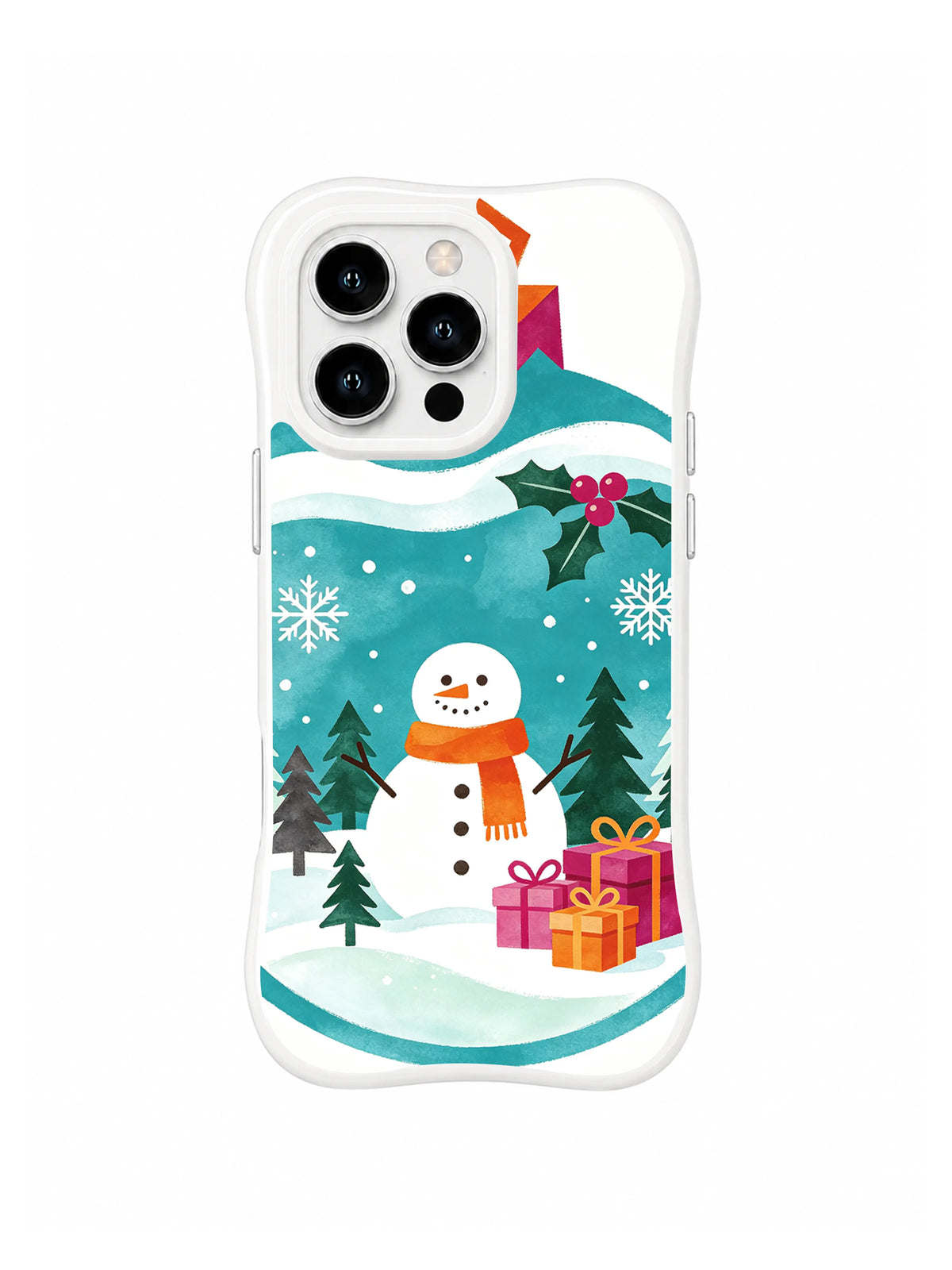 Christmas snowman iPhone 15 Pro case with magenta gifts, fir grove and paper snowflakes