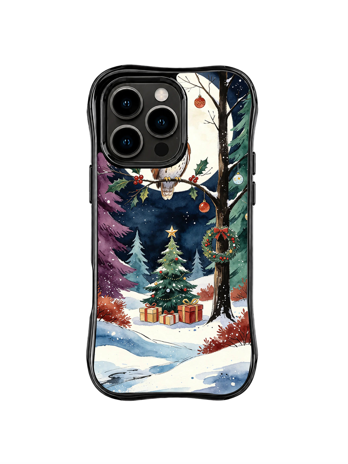 Owl in the Holly Moon iPhone 16 Pro case with a perched owl, pale moon and grounded gifts