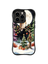 Owl in the Holly Moon artwork with plum pines, emerald branches and a pale full moon