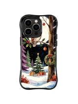 Owl in the Holly Moon illustration with a star-topped fir, hanging ornaments and winter gifts