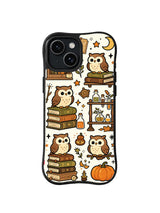 Owl Moon Library pattern on a black iPhone 14 case