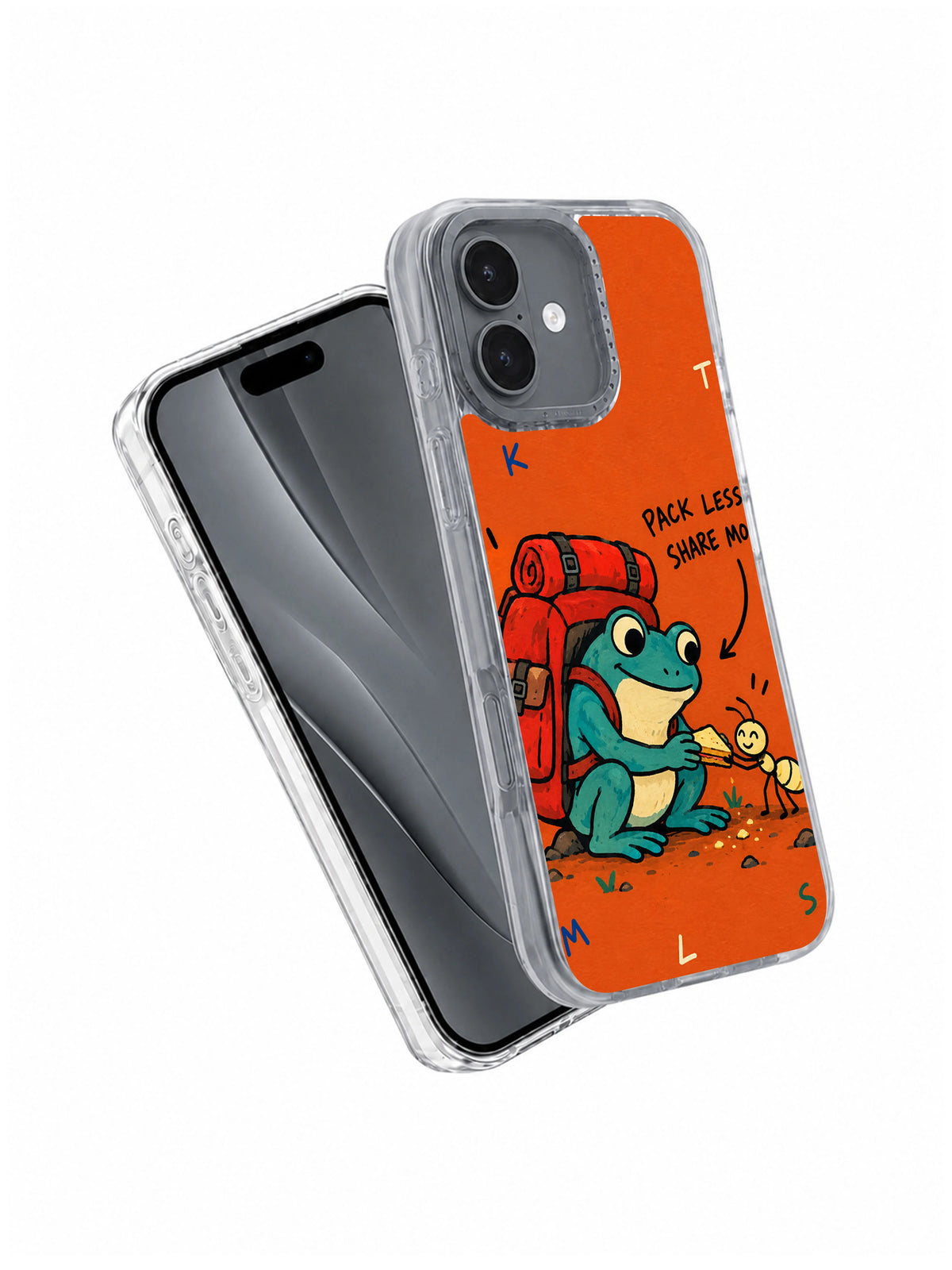 Pack Less, Share More iPhone 16 case angled product view