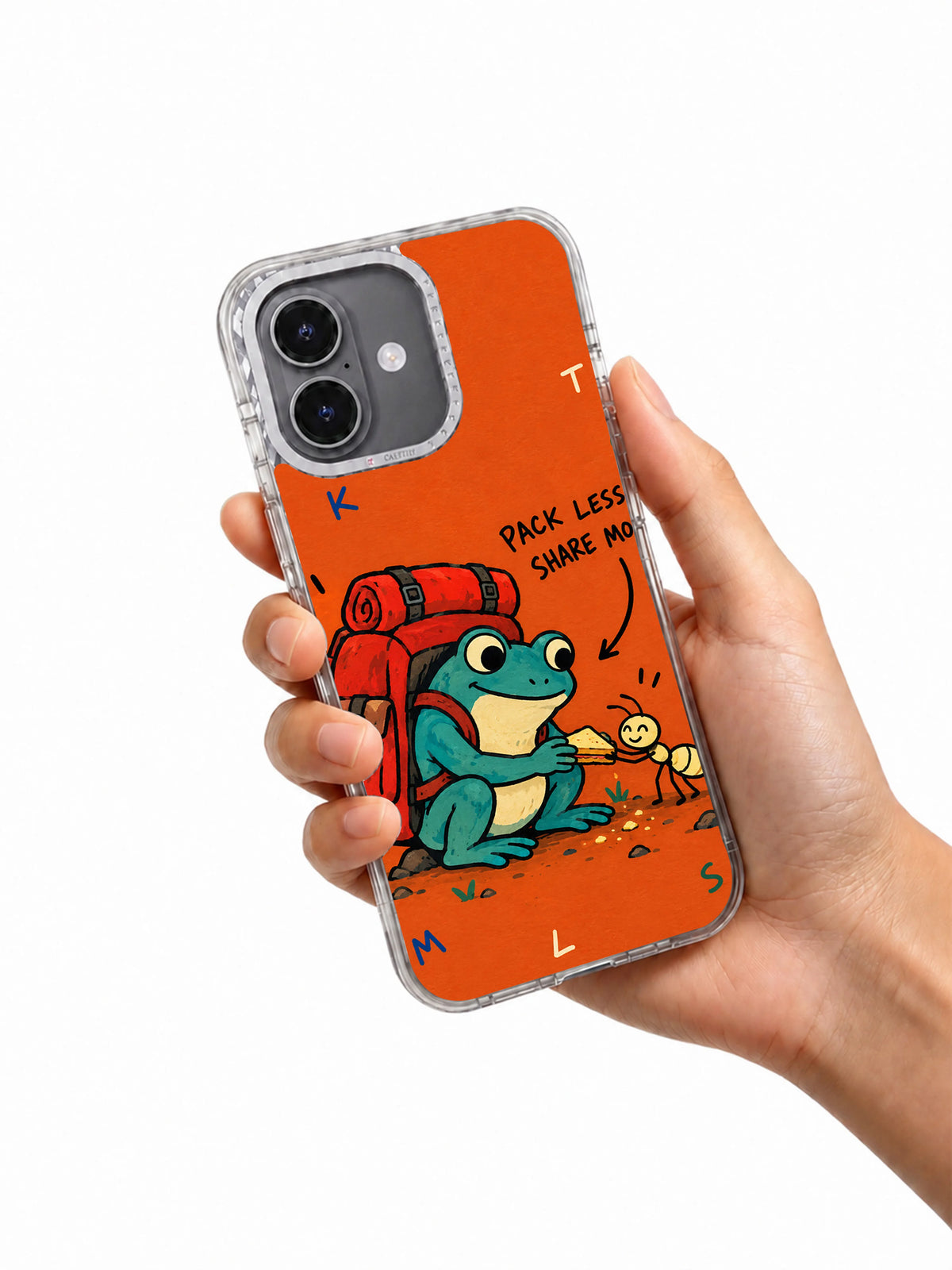 Pack Less, Share More iPhone 16 case in hand