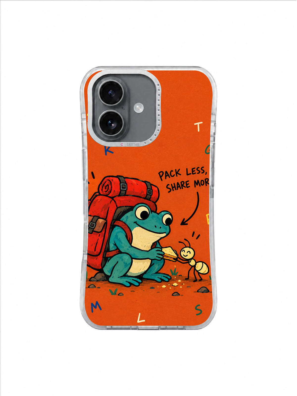 Red Backpack Frog artwork for Pack Less, Share More iPhone 16 Case