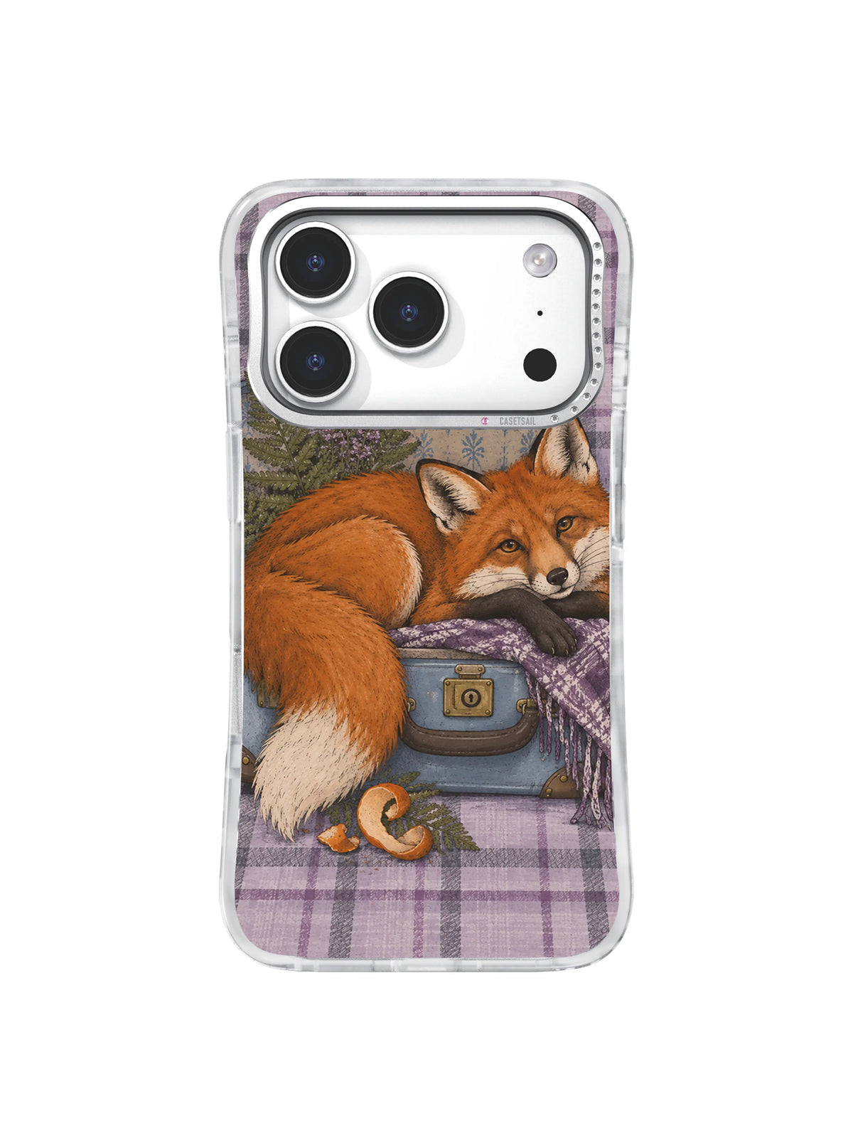 Packing a Season fox and powder-blue suitcase iPhone 17 Pro case, pattern one