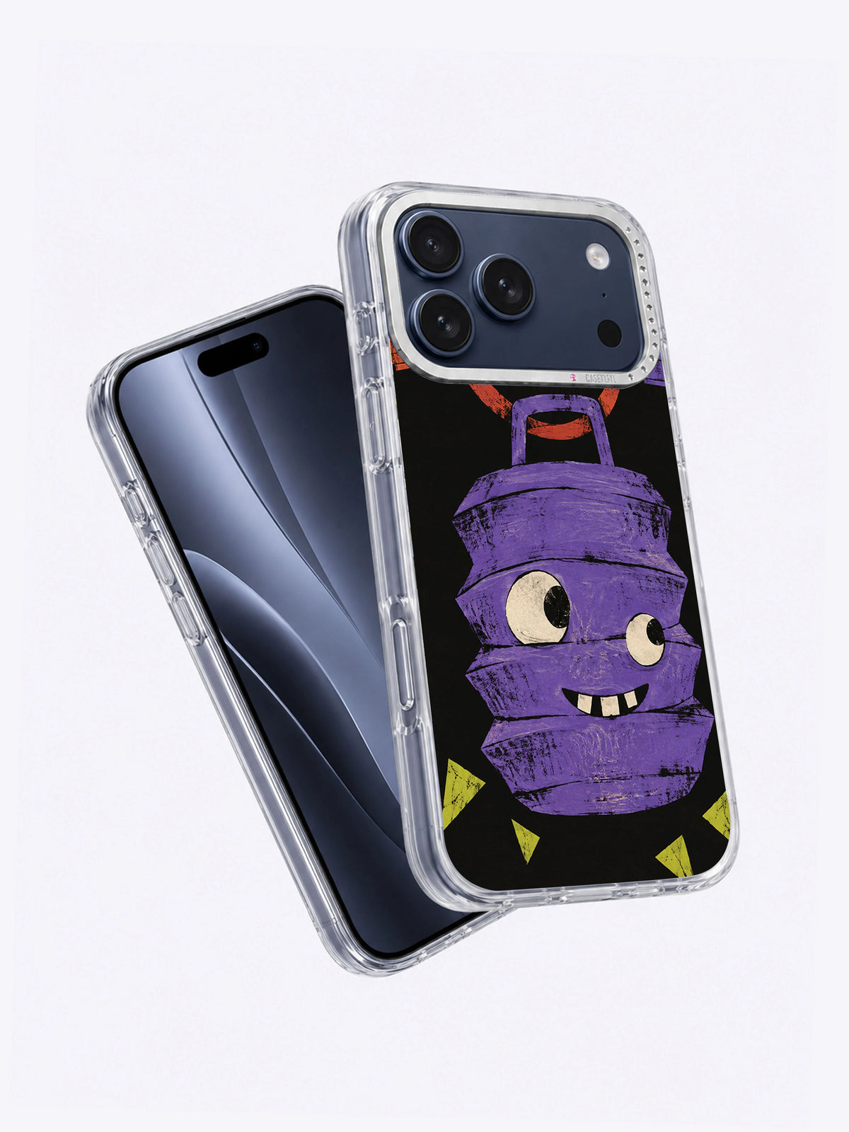 Angled two-phone view of violet lantern artwork phone case