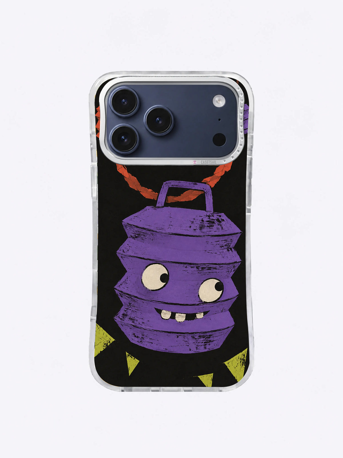 Purple painted lantern with chartreuse confetti pennants and vermilion ribbon